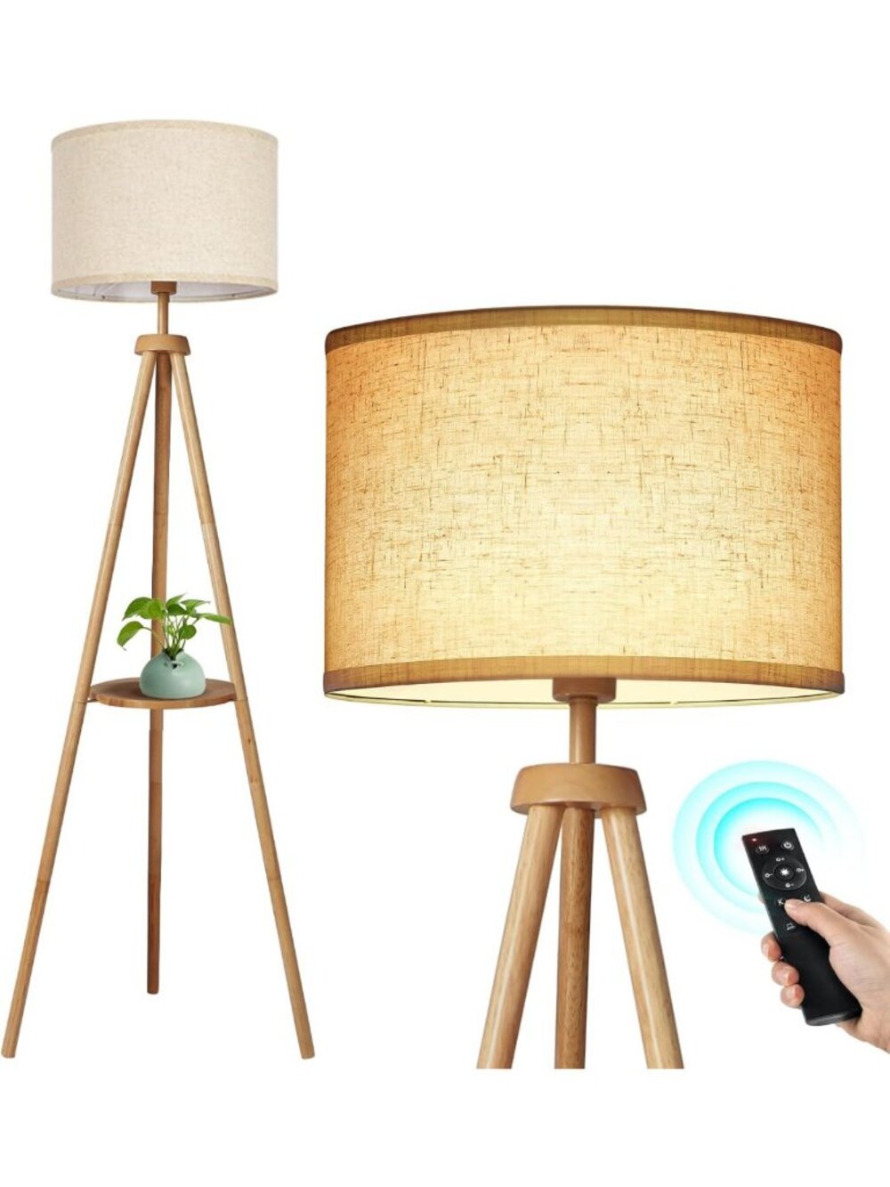 Mid Century Modern Tripod Floor Lamp with Remote, Dimmable LED & Shelves